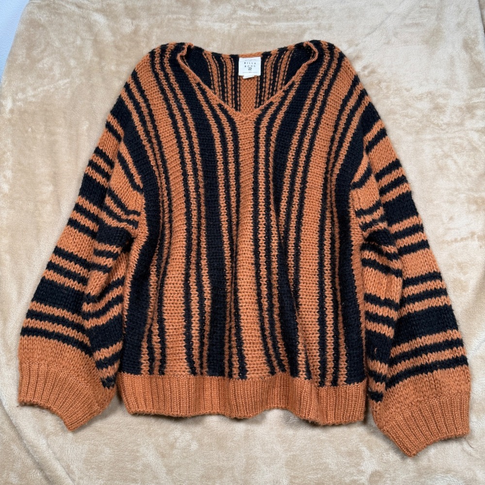 Billabong Womens Brown Orange Black Striped V-Neck Chunky Knit Sweater Large